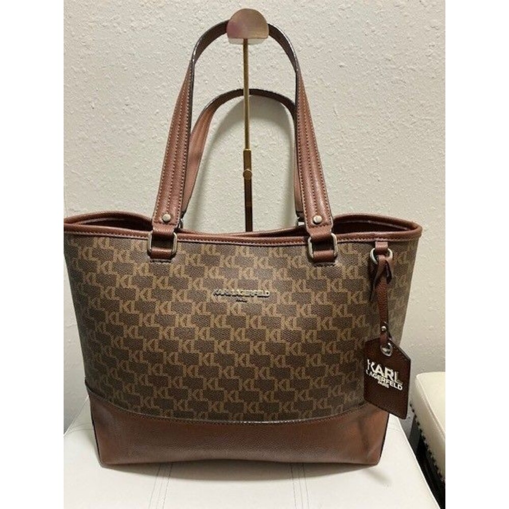 Karl Lagerfeld Chestnut Brown Monogram Tote Bag with Brown Trim & Gold Hardware